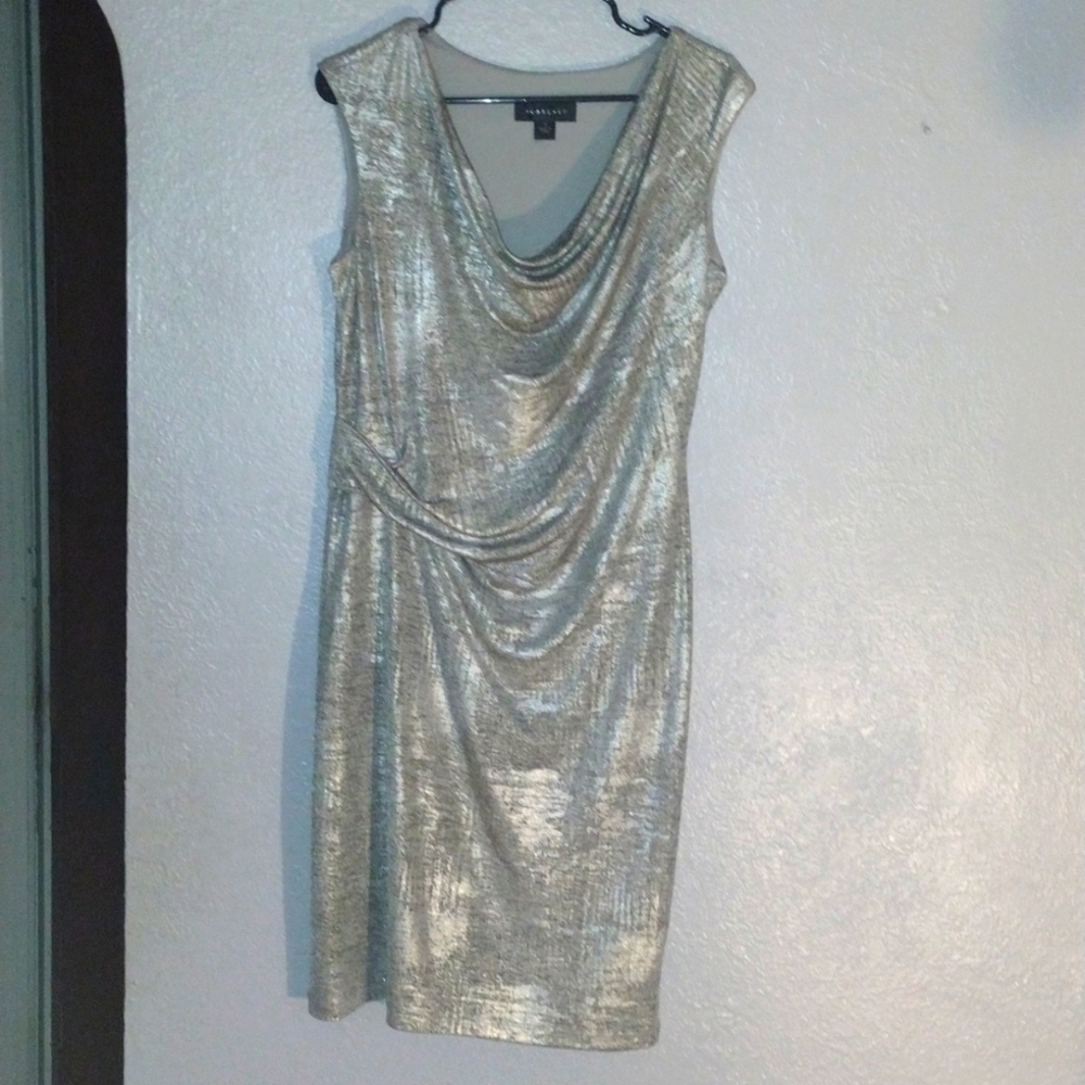 Gold and Silver Midi Scarlett Dress with Cinched Waist Holiday NYE Party 12